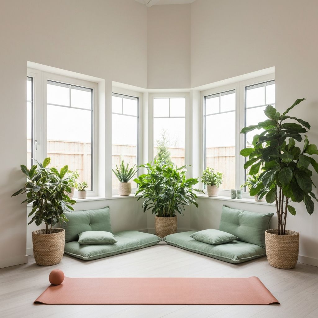Peaceful home wellness space with yoga mat